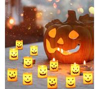 12 Candele LED Halloween Decorative con Espressione Strana, Zucca con Luce, Luci Candelabro, Decorazione Casa Interni Esterni (Luce Calda)