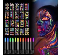 12 Colori Set di Colori per il Corpo UV, Kit di Pittura per Il Viso con 20 Fogli Party Fluo Tatuaggi Temporanei, Face Paint Trucchi Fluo, Fluorescenti Matite Trucco, Pittura Corpo per Feste Halloween