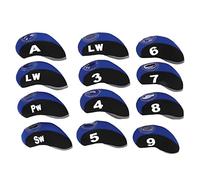 12 copricapi per mazze da golf, set di copricapi protettivi in neoprene spesso e impermeabile, con numerazione, adatto alle mazze da ferro dal n. 3 al n. 9, A, SW, PW, LW (Nero Blu Reale)