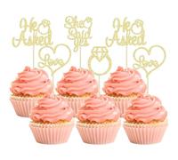 12 decorazioni per cupcake con scritta in lingua inglese "He Asked She Said Y", con anello di diamanti glitterati, a forma di cuore, adatte per matrimoni, fidanzamenti, addio al nubilato, feste a tema