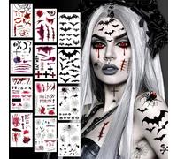 12 fogli di tatuaggi di Halloween, costume di Halloween da donna, uomo, spaventoso, adesivo per il viso, vampiro, zombie diavolo, accessori per cicatrici, pipistrello, tatuaggio per il viso, adulti e