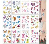 12 Fogli Tatuaggi Temporanei con Glitter per Bambine Bambini Design Farfalle Sicuri e Facili da Applicare Impermeabili Falsi Adesivi Tatuaggio Bomboniere Divertenti