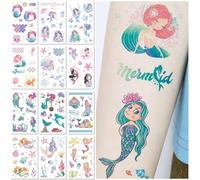 12 Fogli Tatuaggi Temporanei con Glitter per Bambini Design Cartoon Sirena Sicuri e Facili da Applicare Impermeabili Falsi Adesivi Tatuaggio Bomboniere Divertenti