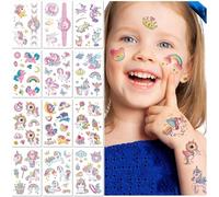 12 Fogli Tatuaggi Temporanei con Glitter per Bambini Unicorno Cartoon Impermeabili Falsi Adesivi Tatuaggio Body Art Divertente per Ragazze Ragazzi Bomboniere