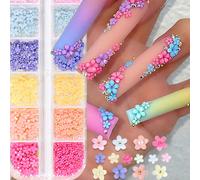 12 Grids 3D Acrylic Flower Y2K Nail Art Decoration, Mixed Size Colorful Flower Gold Steel Beads DIY carino Floral Nail Charms Kawaii Jewelry Accessories Nail Gems Nail Supplies,Jewelry Floral Nail Sup