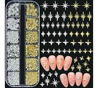 12 griglie di ciondoli per unghie glitterati a forma di stella d'argento, punte metalliche miste, rivetti a fetta, borchie per unghie in lega fai da te a forma di stella d'ar