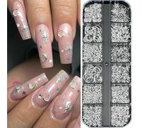 12 griglie di ciondoli per unghie glitterati a forma di stella d'argento, punte metalliche miste, rivetti a fetta, borchie per unghie in lega fai da te a forma di stella d'ar