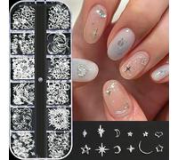 12 griglie di ciondoli per unghie glitterati a forma di stella d'argento, punte metalliche miste, rivetti a fetta, borchie per unghie in lega fai da te a forma di stella d'ar