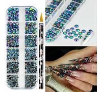 12 griglie/scatola rosa tondo di lusso nail art strass con 1 pezzo di penna diamantata a puntini di cera set di cristalli 950-1020 pezzi mix-dimensioni pietra rosa-PH194-10B