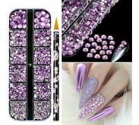 12 griglie/scatola rosa tondo di lusso per nail art con 1 pezzo di penna a diamante con puntini di cera, set di cristalli da 950-1020 pezzi, pietre rosa di diverse dimensioni, PH194-9B