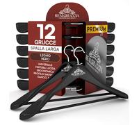 12 Grucce Appendiabiti in Legno Nero a Spalla Larga per Vestiti Abiti Giacche Camicie - RealGruccia con Barra porta Pantaloni con Gancio Girevole 360° - Finitura Lucida e Profilo Smussato - 24x45cm