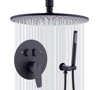 12 inch Shower System with Pressure Balanced Valve Luxury Ceiling Mounted Round Rainfall And Hand Held Shower Head Set, Matte Black (Faucet Rough-in Valve And Trim Kit Include)
