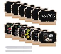 12 Lavagnette Messaggi Bordo, 8x6cm Mini Lavagne in Legno Con il Basamento, Numero di Tavolo Etichette per i Regali con 2 Pennarelli per dei Prezzi Segnaposti Matrimoni Feste di Compleanno