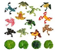 12 modelli di rane in plastica colorata con foglie di loto artificiali, rane di simulazione tropicale, giocattoli di riconoscimento degli animali per bambini, decorazione galleggiante per stagni