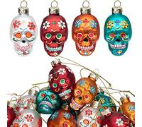 12 ornamenti in vetro con teschio di zucchero Dia De Los Muertos, ornamenti a forma di testa di scheletro da appendere per Halloween, decorazioni da appendere all'albero di Natale, 12 pezzi