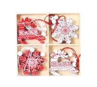 12 ornamenti per albero di Natale in legno rosso bianco rustico dipinto | 4 stili fiocco di neve campana angelo albero di Natale disegni con scatola di immagazzinaggio per uso fuori stagione