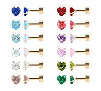 12 paia di orecchini a lobo in acciaio chirurgico con retro piatto, vite a vite a forma di cuore, stella, quadrato, lacrima, rotondo, placcati in oro, argento, con zirconia cubica CZ, set di orecchini