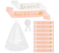 12 pezzi Accessori per Addio al Nubilato Spagnolo: Velo, Fascia per Sposa e Amiche, Distintivo per Decorazione Festa (12)