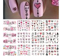 12 pezzi Adesivi a forma di cuore rosa per San Valentino, Adesivi decorativi per unghie con lettere "Ti Amo", Decalcomanie con orsi carini, labbra e baci, per manicure fai-da-te Animale,Fumetto,Geomet