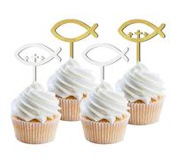 12 Pezzi Cake Topper Prima Comunione Decorazione Festa Torta Battesimo, Decorazioni Torta Battesimo, Cake Topper Legno per Battesimo per Compleanno Bimbo e Bimba, Pesce Oro