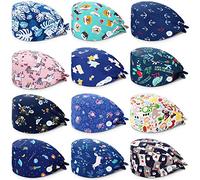 12 Pezzi Cappelli Bouffant con Bottoni Stampati Colorati Berretti Allacciati Indietro con Fascia per Donna Uomo