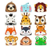 12 pezzi-Cappello da caccia nella giungla Corona di carta per compleanno selvaggio, Fascia per la testa da festa con animali dello zoo, Accessori per photo booth nella giungla Forniture regalo Decoraz