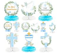 12 pezzi Decorazioni da tavolo a nido d'ape per la Prima Comunione, centrotavola religioso con croce blu, adatto per feste, compleanni, decorazioni per matrimoni in chiesa e accessori fotografici Tagl