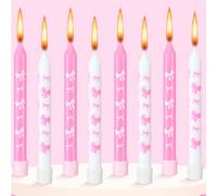 12 pezzi di candele decorative per torta, con stelo dritto bianco e rosa, con stampa di fiocchi, adatte per compleanni, anniversari, matrimoni e addii al nubilato 12 pezziCera
