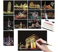 12 pezzi di carta da grattare arcobaleno con strumenti per grattare i punti di riferimento della città famose in tutto il mondo, per adulti e bambini (formato A5)