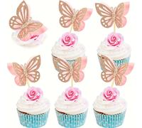 12 pezzi di decorazioni per cupcake a forma di farfalla di colore rosso chiaro a doppio strato, decorazioni per cupcake glitterate in 3D, stuzzicadenti per cocktail a forma di farfalla per decorare to