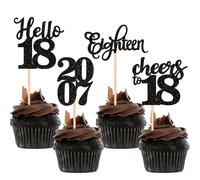 12 pezzi di decorazioni per cupcake per il 18° compleanno, con scritta "Buon compleanno 18!" in glitter, "Brindisi ai 18 anni", "Dal 2007", per decorare torte e cupcake per la festa del 18° compleanno
