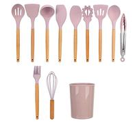 12 pezzi di utensili da in silicone con manico in legno, set di utensili da antiaderenti che include pennello per olio e spatola per la domestica, resistente a (Rosa)