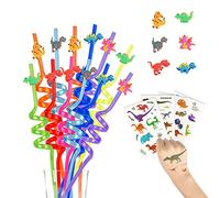 12 pezzi Dinosauro Cannucce di plastica per bere + Tatuaggi temporanei + 1 Spazzola di pulizia, Cannucce riutilizzabili per feste di compleanno