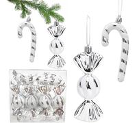 12 pezzi glitter decorazioni per albero di Natale argento, XXL Natale baubles candy canes decorazione, albero di Natale ciondolo decorazioni per albero di Natale bianco argento per albero di Natale