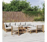 12 pezzi LG. Set salotto da giardino in bambù con finitura ad olio naturale, cuscino grigio chiaro, set di mobili modulari da esterno per patio, balcone, giardino, terrazza, veranda, zona giorno - 186