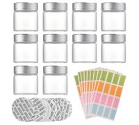 12 Pezzi Mini Barattoli di Vetro 50 ml con Coperchio ed Etichette, Contenitori Trasparenti per Lozione, Crema, Unguenti, Erbe, Spezie