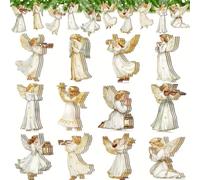 12 Pezzi Ornamenti in Legno a Forma di Angelo per Albero di Natale - Decorazioni Vintage Bianche per Albero di Natale, Angeli Rustici Stile Farmhouse Natalizi con Ganci in Corda, Decorazioni Natalizie