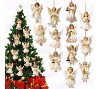 12 pezzi Ornamenti in legno da appendere a forma di angelo - Angeli bianchi con campanelli dorati & nastri, perfetti per decorare casa, finestra, camino e feste, stile festivo primaverile & rustico, r
