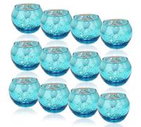 12 Pezzi Porta Candele Vetro 5x5,5cm, Candelabri Centro Tavola Colorati Blu Oro Rosa, Candeliere Rotondo Portacandele da Tavolo Moderno, Set Portalumini Vetro per Matrimoni Feste Decorazioni (Blu)