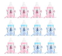 12 Pezzi Scatola Biberon Plastica con Orso Nastri, Bottiglia di Caramelle, Bottigliette Portaconfetti Bomboniera Scatolina Regalo per Baby Shower Femminuccia Bomboniera Battesimo - Blu/Rosa