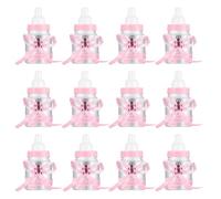 12 Pezzi Scatola Biberon Plastica con Orso Nastri, Bottiglia di Caramelle, Bottigliette Portaconfetti Bomboniera Scatolina Regalo per Baby Shower Femminuccia Bomboniera Battesimo - Rosa