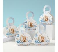 12 pezzi Scatola regalo per doccia per bebè a forma di orsetto blu (con manico), scatola regalo in carta per doccia per bebè con nuvole e orsetti blu, "Non vediamo l'ora", scatola regalo piccola per c