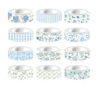 12 Pezzi Scotch Fiore Ortensia, 1.5 x 500 cm Nastro Adesivo Decorativo con Motivi Floreali e Griglia, Nastro Washi in Carta di Riso, per Scrapbooking, Confezioni Regalo e Decorazione Fai da Te