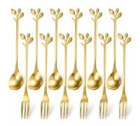 12 Pezzi Set Cucchiaini e Forchette in Acciaio Inossidabile, Design a Forma di Foglia, Colore Oro, per Tè, Caffè, Latte e Dessert, Cucchiai da Dolce e Forchette