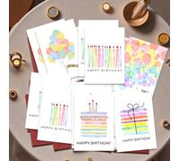 12 pezzi Set di biglietti d'auguri per compleanno in acquerello unici con buste - Disegni a tema compleanno - Biglietti regalo adatti per tutti Carta tessile