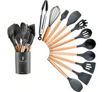 12 pezzi Set di utensili da cucina in silicone, set di utensili da cucina antiaderenti con supporto in legno, lavabili in lavastoviglie, spatola, pinze e cucchiai resistenti al calore fino a 230°C, ac