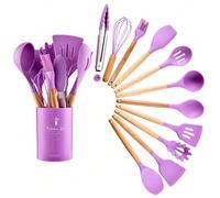 12 pezzi Set di utensili da cucina in silicone, set di utensili da cucina antiaderenti con supporto in legno, lavabili in lavastoviglie, spatola, pinze e cucchiai resistenti al calore fino a 230°C, ac