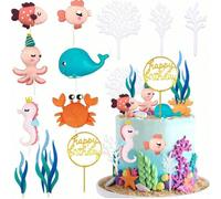 12 pezzi/set o 1 pezzo Decorazioni per torte a tema marino, include piccoli pesci, granchi, cavallini , polpi, balene e altre creature marine, forme di alghe, "Buon compleanno" in oro in materiale acr