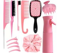 12 Pezzi Spazzola Capelli Ricci Set Completo, Spazzola Capelli per Capelli Asciutti e Bagnati, con Bottiglia Spray e Accessori, Rosa per Bambine e Donne