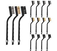 12 Pezzi Spazzola Metallica Piccola - Include Mini Spazzole in Acciaio, Ottone e Nylon Con Manico Curvo in Plastica Nera per Pulizia Macchie Olio Ruggine Polvere Vernice